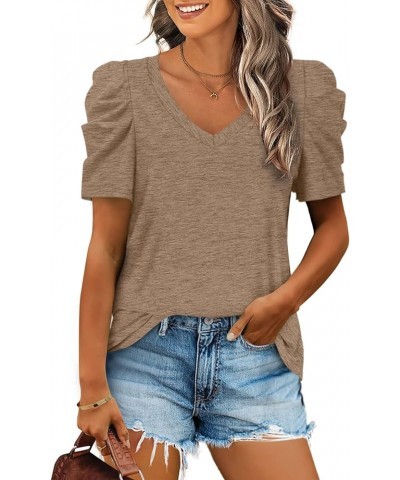 Womens Summer Shirt V Neck Casual Tshirts Puff Sleeve Tops for Women Solid Color XS-3XL 14-brown $10.79 T-Shirts