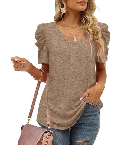 Womens Summer Shirt V Neck Casual Tshirts Puff Sleeve Tops for Women Solid Color XS-3XL 14-brown $10.79 T-Shirts