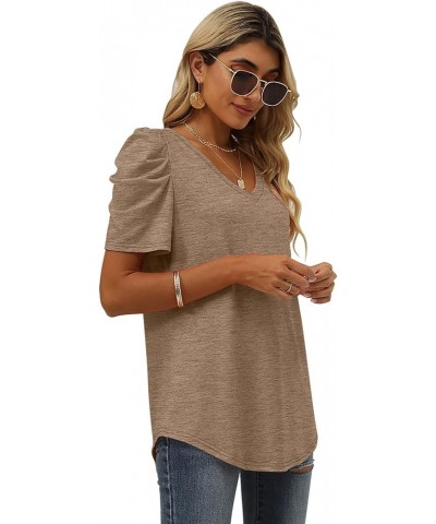 Womens Summer Shirt V Neck Casual Tshirts Puff Sleeve Tops for Women Solid Color XS-3XL 14-brown $10.79 T-Shirts