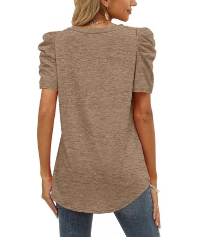 Womens Summer Shirt V Neck Casual Tshirts Puff Sleeve Tops for Women Solid Color XS-3XL 14-brown $10.79 T-Shirts