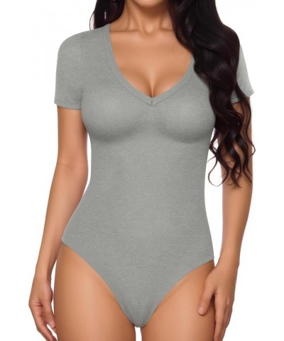 Deep V Neck Short Sleeve Tops Bodysuit for Women Clothing Light Heather Grey $11.74 Bodysuits