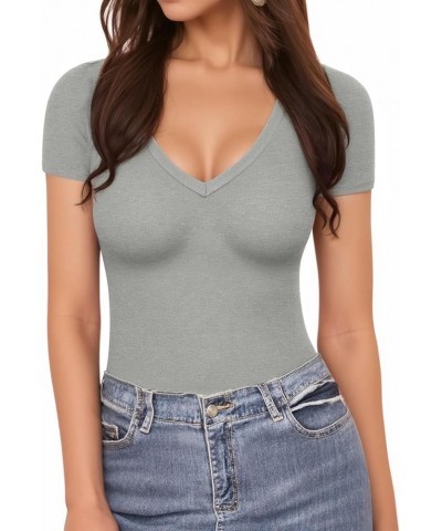 Deep V Neck Short Sleeve Tops Bodysuit for Women Clothing Light Heather Grey $11.74 Bodysuits