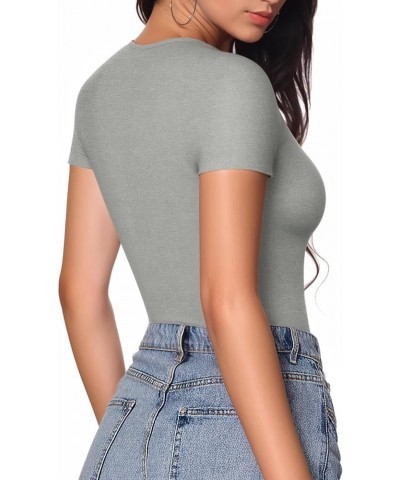 Deep V Neck Short Sleeve Tops Bodysuit for Women Clothing Light Heather Grey $11.74 Bodysuits