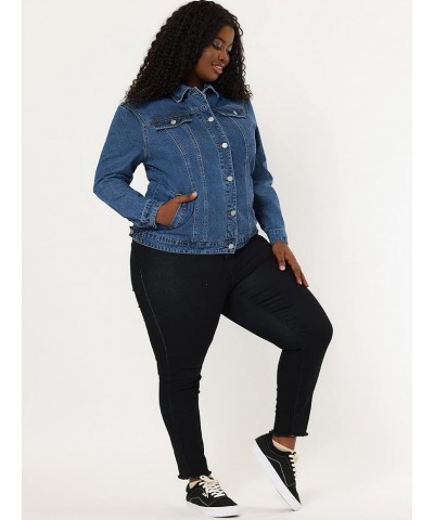 Women's Plus Size Stitching Button Front Washed Denim Jacket Snow Blue $24.74 Jackets