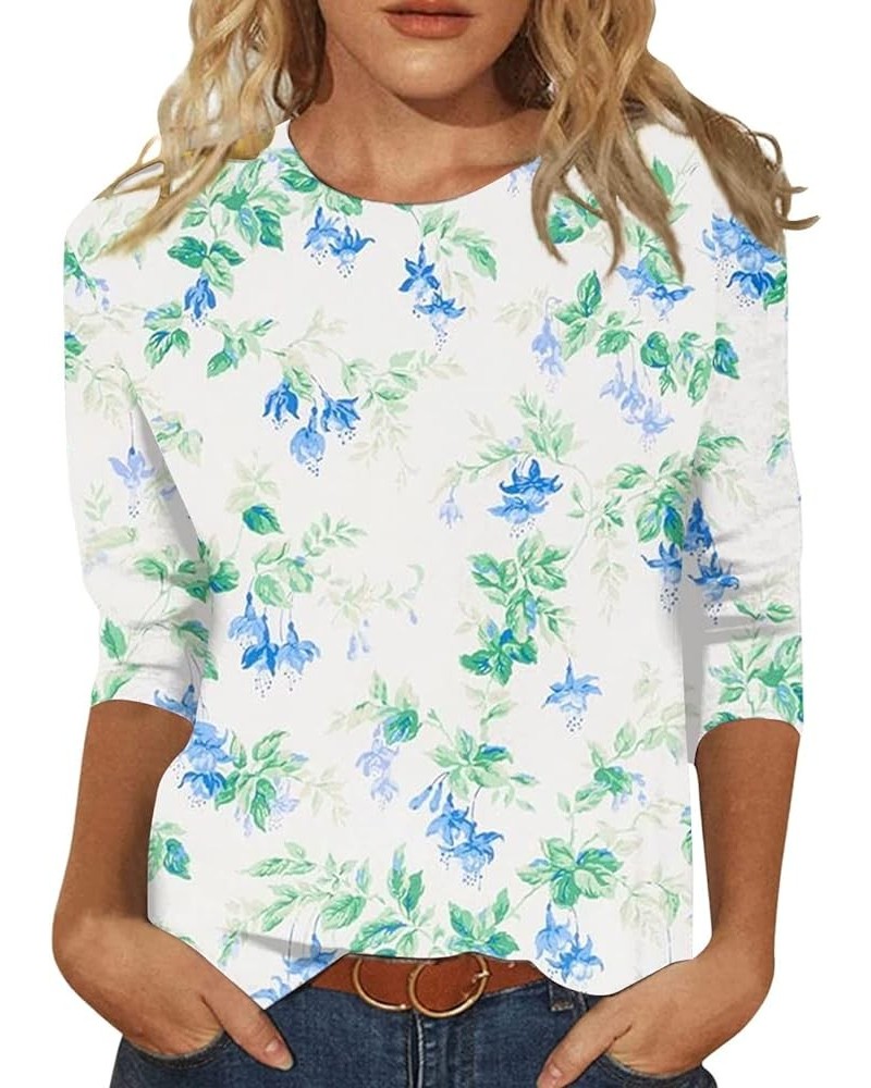 Womens Tops 3/4 Sleeve Shirts Summer Round Neck Loose Casual Blouses Floral Print Tshirts 04-white $10.39 Activewear