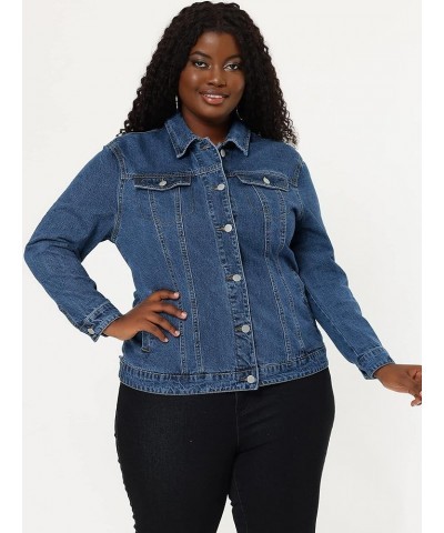 Women's Plus Size Stitching Button Front Washed Denim Jacket Snow Blue $24.74 Jackets