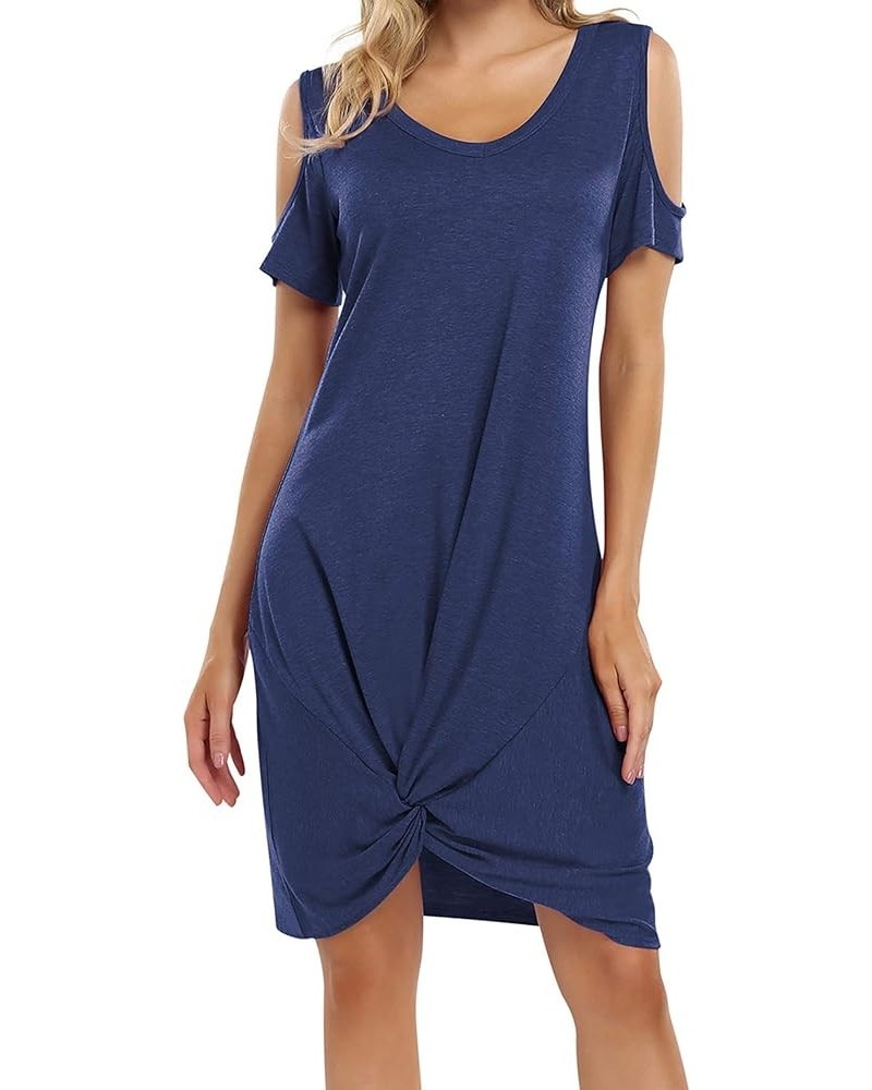 Women's Cold Shoulder Summer Twist Knot Mini Tshirts Dresses Navy $21.22 Dresses