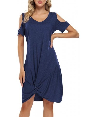 Women's Cold Shoulder Summer Twist Knot Mini Tshirts Dresses Navy $21.22 Dresses