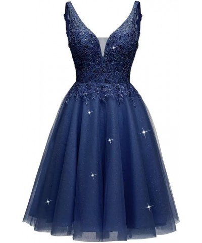 V Neck Tulle Short Prom Dresses Lace Applique Homecoming Dress Sparkly Sequin Cocktail Mini Dress Navy Blue $33.54 Dresses