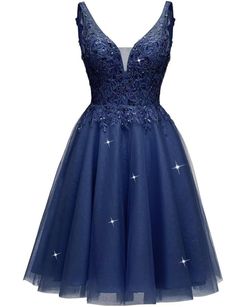 V Neck Tulle Short Prom Dresses Lace Applique Homecoming Dress Sparkly Sequin Cocktail Mini Dress Navy Blue $33.54 Dresses