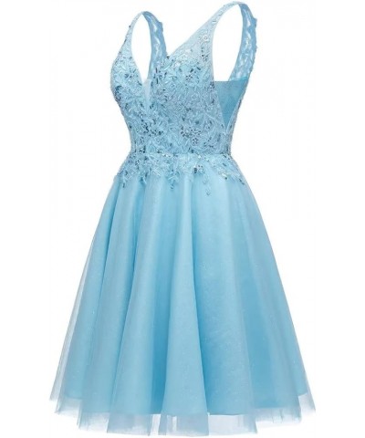 V Neck Tulle Short Prom Dresses Lace Applique Homecoming Dress Sparkly Sequin Cocktail Mini Dress Navy Blue $33.54 Dresses