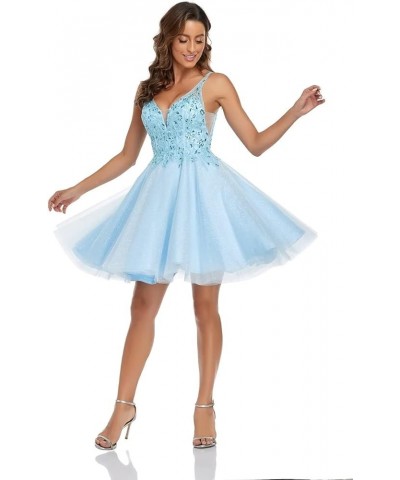 V Neck Tulle Short Prom Dresses Lace Applique Homecoming Dress Sparkly Sequin Cocktail Mini Dress Navy Blue $33.54 Dresses