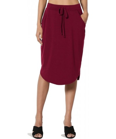 Women's Drawstring Elastic Waist Dolphin Hem Stretch Jersey Pocket Midi Skirt Burgundy $10.34 Skirts