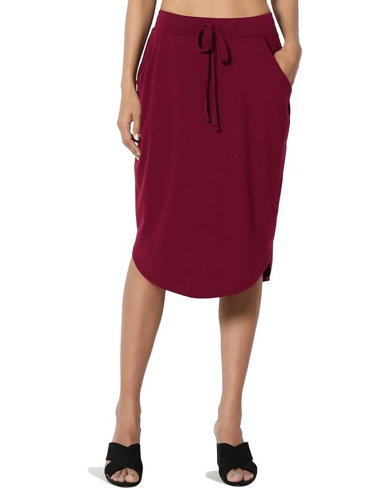 Women's Drawstring Elastic Waist Dolphin Hem Stretch Jersey Pocket Midi Skirt Burgundy $10.34 Skirts