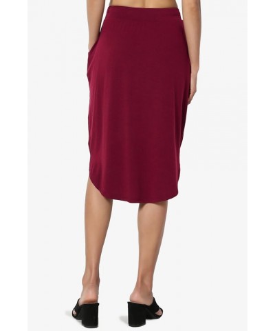 Women's Drawstring Elastic Waist Dolphin Hem Stretch Jersey Pocket Midi Skirt Burgundy $10.34 Skirts