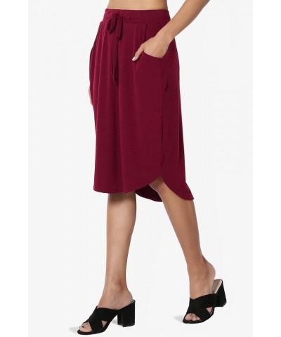 Women's Drawstring Elastic Waist Dolphin Hem Stretch Jersey Pocket Midi Skirt Burgundy $10.34 Skirts