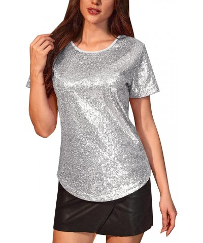 Womens Full Sequin Party Short Sleeves Sparkly Shirt Silver $24.35 T-Shirts