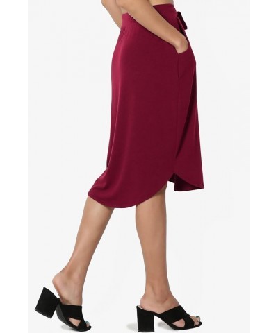 Women's Drawstring Elastic Waist Dolphin Hem Stretch Jersey Pocket Midi Skirt Burgundy $10.34 Skirts