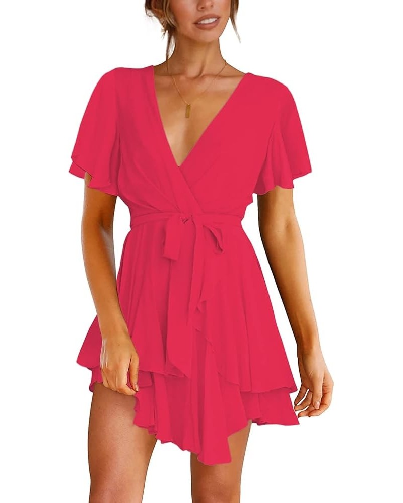 Women's Deep V Neck Short Sleeve Ruffle Layer Wrap Tie Waist Swing Mini Dress Rose $22.67 Dresses