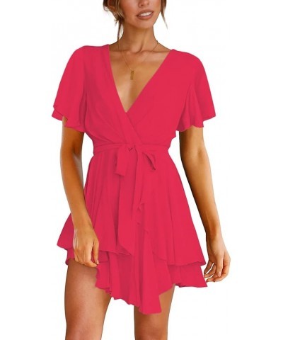 Women's Deep V Neck Short Sleeve Ruffle Layer Wrap Tie Waist Swing Mini Dress Rose $22.67 Dresses