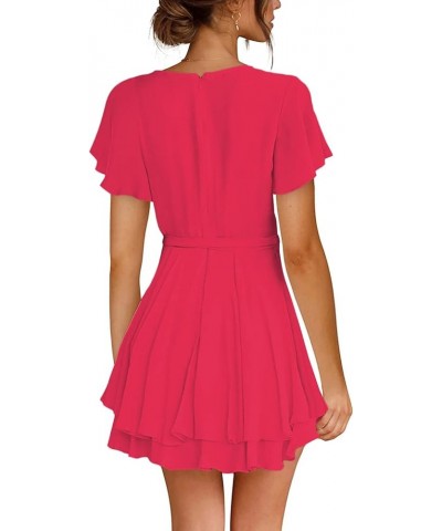 Women's Deep V Neck Short Sleeve Ruffle Layer Wrap Tie Waist Swing Mini Dress Rose $22.67 Dresses