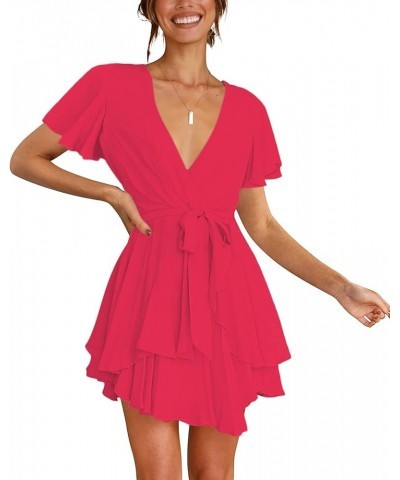 Women's Deep V Neck Short Sleeve Ruffle Layer Wrap Tie Waist Swing Mini Dress Rose $22.67 Dresses