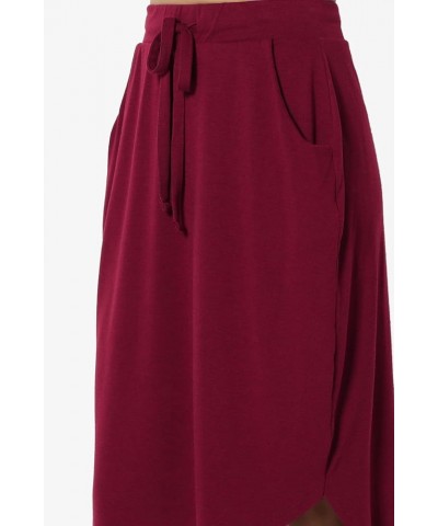 Women's Drawstring Elastic Waist Dolphin Hem Stretch Jersey Pocket Midi Skirt Burgundy $10.34 Skirts