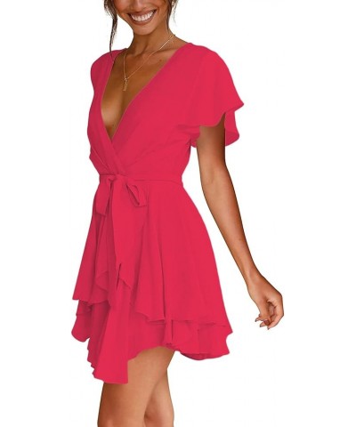 Women's Deep V Neck Short Sleeve Ruffle Layer Wrap Tie Waist Swing Mini Dress Rose $22.67 Dresses