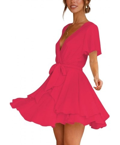 Women's Deep V Neck Short Sleeve Ruffle Layer Wrap Tie Waist Swing Mini Dress Rose $22.67 Dresses