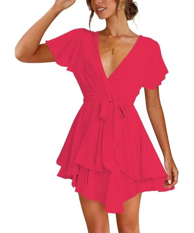 Women's Deep V Neck Short Sleeve Ruffle Layer Wrap Tie Waist Swing Mini Dress Rose $22.67 Dresses