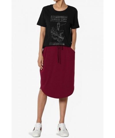 Women's Drawstring Elastic Waist Dolphin Hem Stretch Jersey Pocket Midi Skirt Burgundy $10.34 Skirts