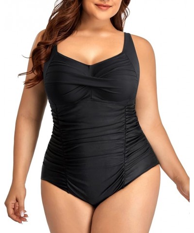 Women Plus Size One Piece Swimsuits Tummy Control Vintage Ruched Bathing Suits Retro Swimwear Black B $14.40 Swimsuits