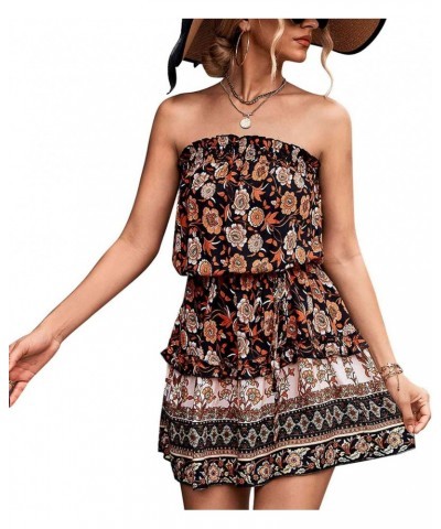 Strapless Off Shoulder Floral Print Loose Hem Dress for Shopping Party Walking Beach(L-Black) $14.43 Dresses