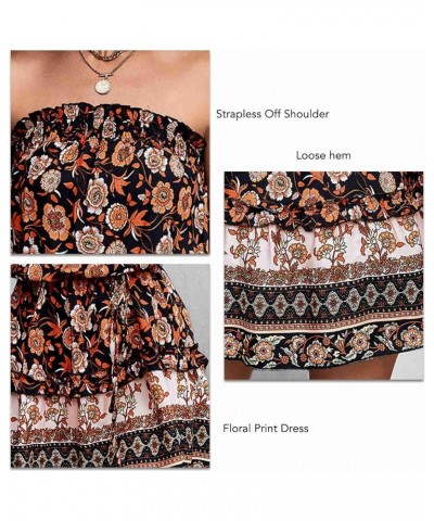 Strapless Off Shoulder Floral Print Loose Hem Dress for Shopping Party Walking Beach(L-Black) $14.43 Dresses