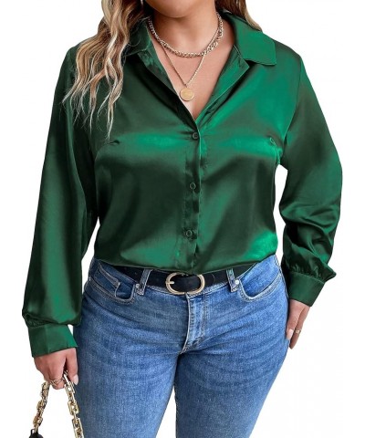 Women's Plus Size Satin Silk Shirts Long Sleeve Button Down Casual Loose Office Work Blouse Tops Green $16.45 Blouses