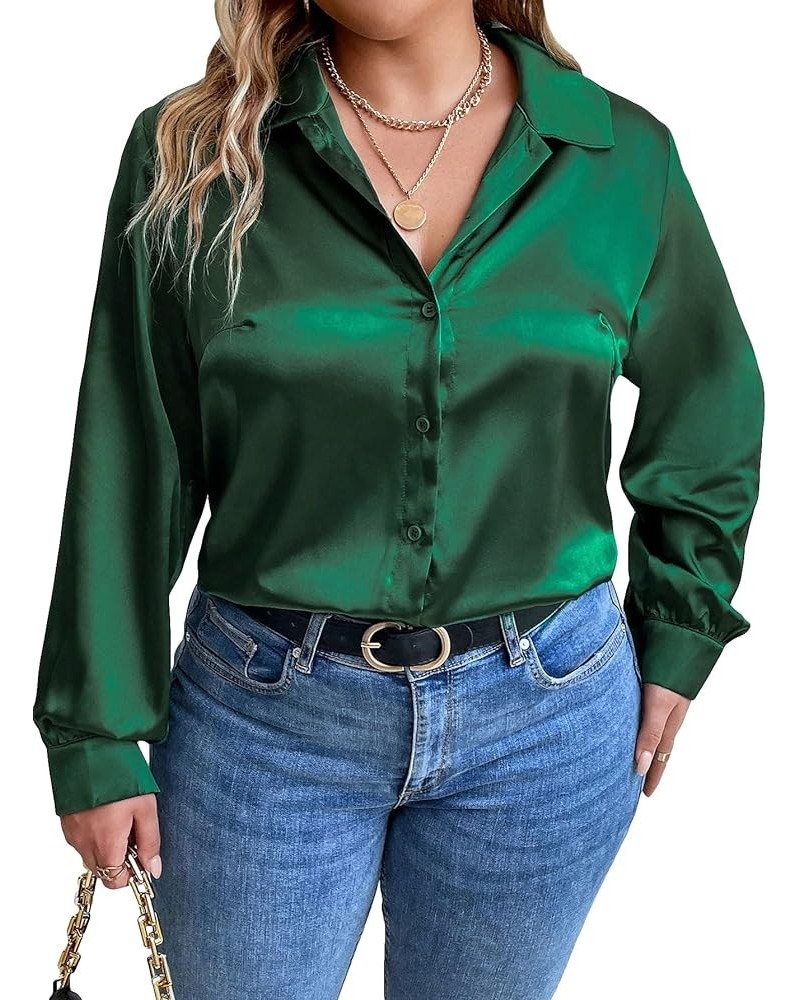 Women's Plus Size Satin Silk Shirts Long Sleeve Button Down Casual Loose Office Work Blouse Tops Green $16.45 Blouses