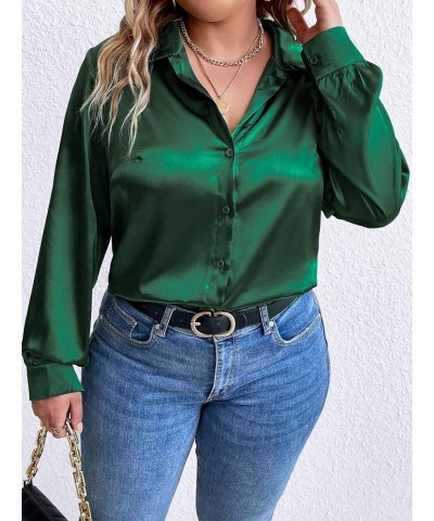 Women's Plus Size Satin Silk Shirts Long Sleeve Button Down Casual Loose Office Work Blouse Tops Green $16.45 Blouses