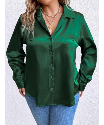 Women's Plus Size Satin Silk Shirts Long Sleeve Button Down Casual Loose Office Work Blouse Tops Green $16.45 Blouses