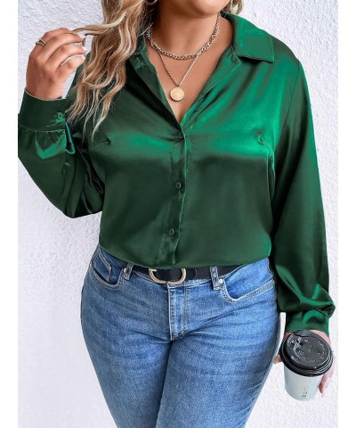 Women's Plus Size Satin Silk Shirts Long Sleeve Button Down Casual Loose Office Work Blouse Tops Green $16.45 Blouses