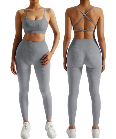 Ribbed Workout Sets for Women 2 Piece Backless Strappy Sports Bra Seamless Leggings Matching Set Yoga Outfits 005 Gray $17.09...