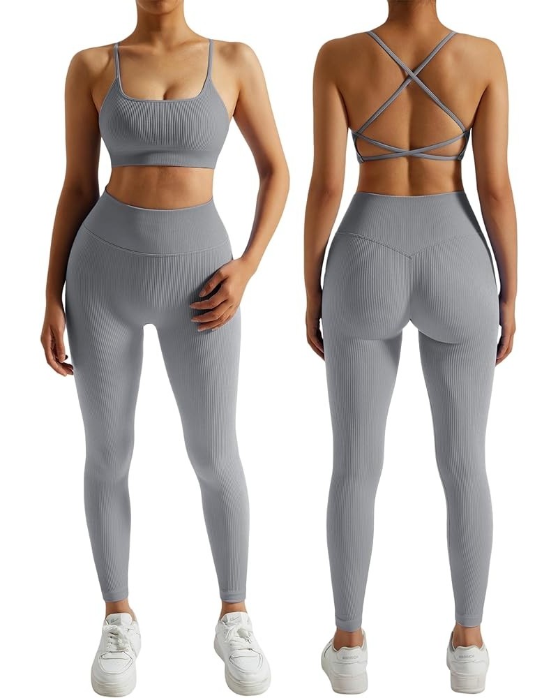 Ribbed Workout Sets for Women 2 Piece Backless Strappy Sports Bra Seamless Leggings Matching Set Yoga Outfits 005 Gray $17.09...