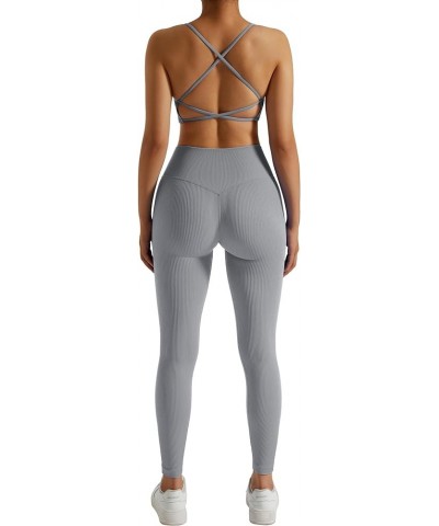 Ribbed Workout Sets for Women 2 Piece Backless Strappy Sports Bra Seamless Leggings Matching Set Yoga Outfits 005 Gray $17.09...