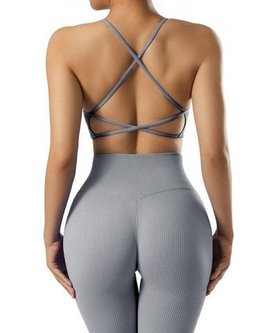 Ribbed Workout Sets for Women 2 Piece Backless Strappy Sports Bra Seamless Leggings Matching Set Yoga Outfits 005 Gray $17.09...