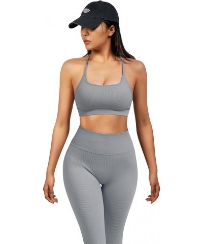 Ribbed Workout Sets for Women 2 Piece Backless Strappy Sports Bra Seamless Leggings Matching Set Yoga Outfits 005 Gray $17.09...