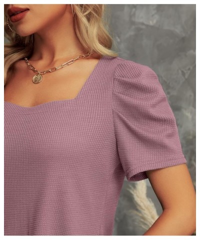 Puff Sleeve Square Neck Summer Tops for Women Waffle Knit Womens Tunic Tops Dressy Casual Short Sleeve Shirts 02 Rust Red $10...