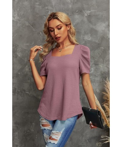 Puff Sleeve Square Neck Summer Tops for Women Waffle Knit Womens Tunic Tops Dressy Casual Short Sleeve Shirts 02 Rust Red $10...