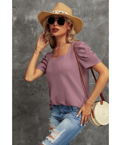 Puff Sleeve Square Neck Summer Tops for Women Waffle Knit Womens Tunic Tops Dressy Casual Short Sleeve Shirts 02 Rust Red $10...