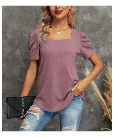 Puff Sleeve Square Neck Summer Tops for Women Waffle Knit Womens Tunic Tops Dressy Casual Short Sleeve Shirts 02 Rust Red $10...