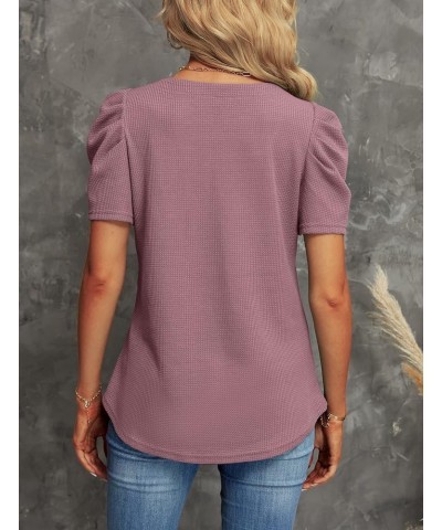 Puff Sleeve Square Neck Summer Tops for Women Waffle Knit Womens Tunic Tops Dressy Casual Short Sleeve Shirts 02 Rust Red $10...