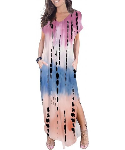 Women's V Neck Casual Loose Long Dress Short Sleeve Split Maxi Summer Beach Dress with Pockets Purple Blue $17.86 Dresses